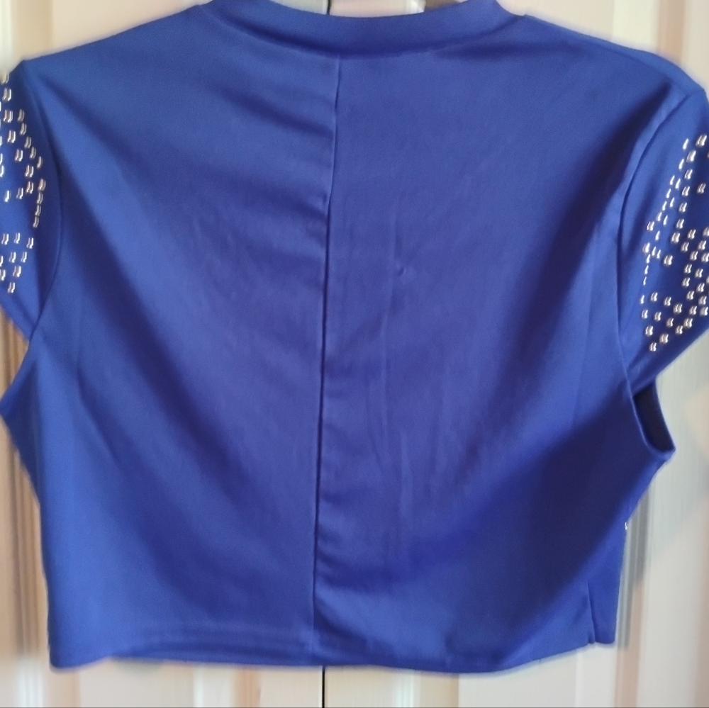 Jasmine Sportswear Royal Blue Mock Neck Studded Crop Top - Size XL - Picture 8 of 9